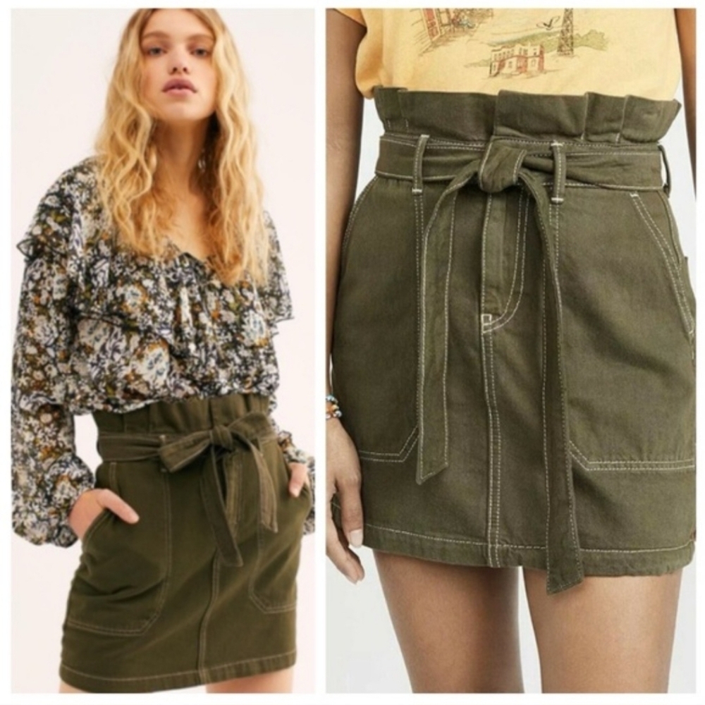 Free People Paper Bag Waist Removeable Utiliy Belt Army Green Cargo Mini Skirt